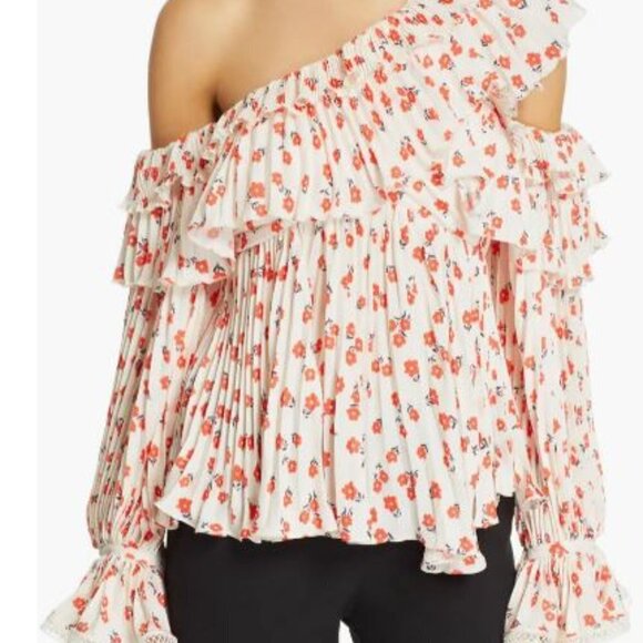 Self-Portrait Red Floral on White Ruffled Tiered Ruffled One Shoulder Top (8) - Picture 1 of 7